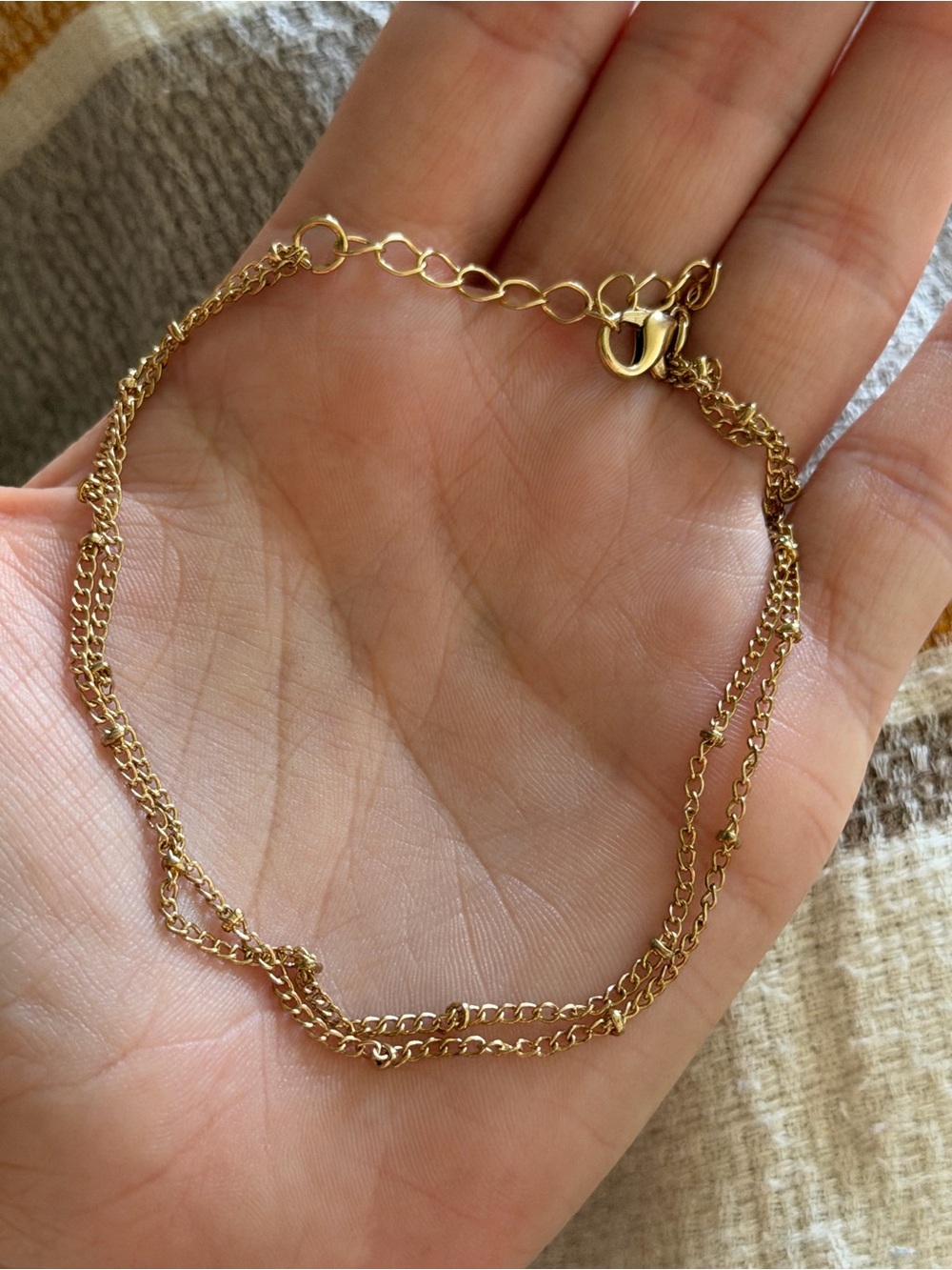Gold Tone Double Chain Anklet Adjustable Layered Beaded Ankle Bracelet